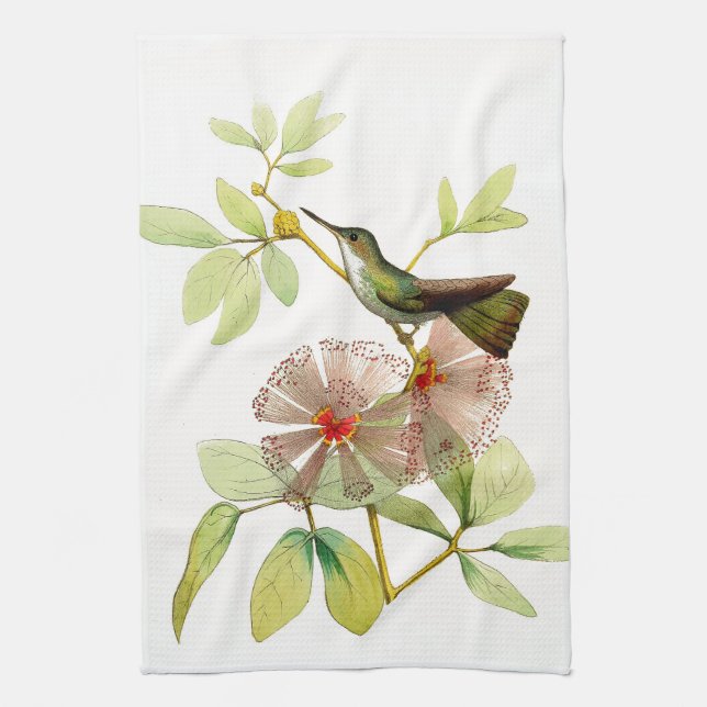 Vintage Hummingbird Bird Flowers Kitchen Towel (Vertical)