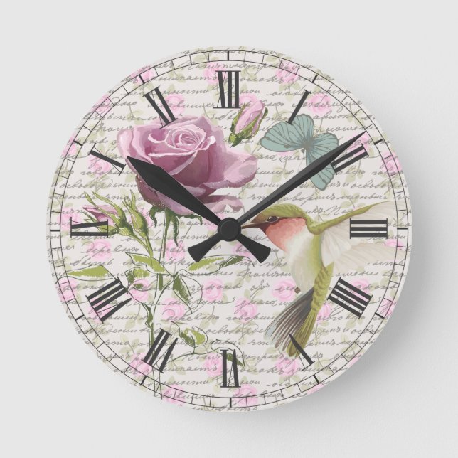 Vintage Hummingbird Butterfly and Rose Round Clock (Front)