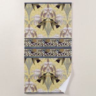 Vintage Hummingbird Orchid Art Nouveau Pattern Beach Towel