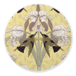Vintage Hummingbird Orchid Art Nouveau Pattern Ceramic Knob