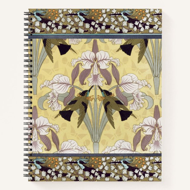Vintage Hummingbird Orchid Art Nouveau Pattern Notebook (Front)