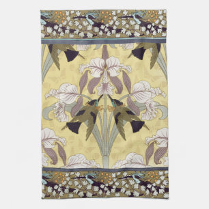Vintage Hummingbird Orchid Art Nouveau Pattern Tea Towel