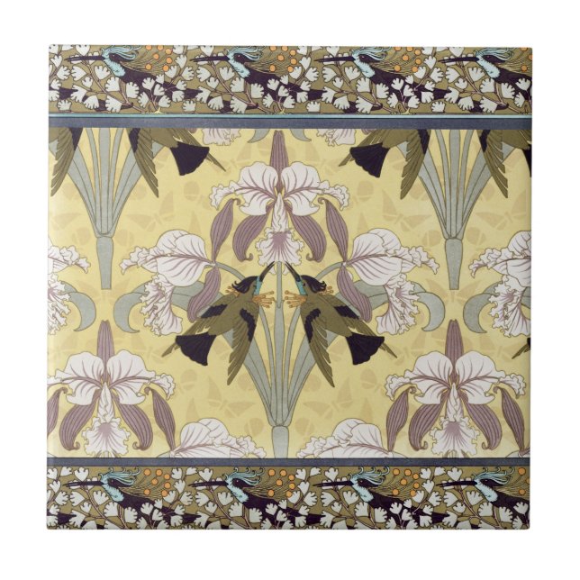 Vintage Hummingbird Orchid Art Nouveau Pattern Tile (Front)