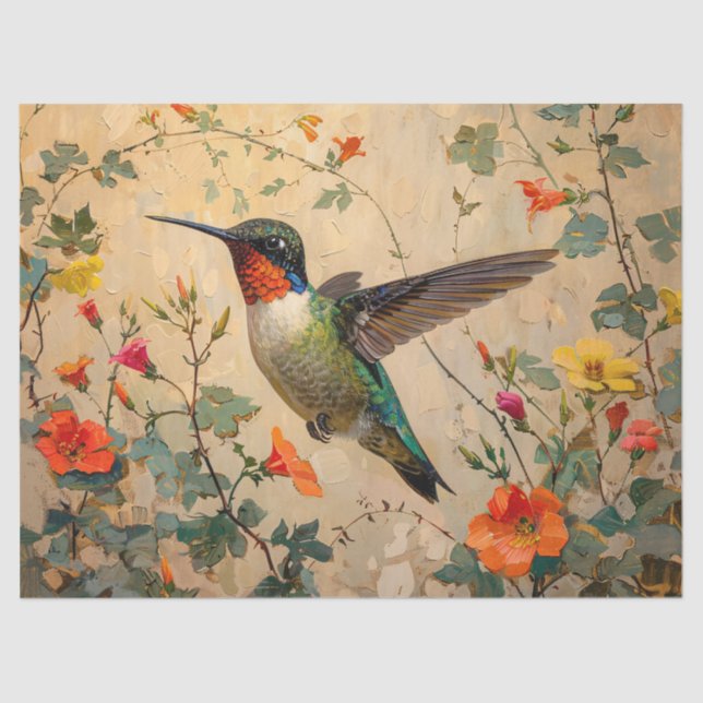 Vintage Hummingbird with Wildflowers Decoupage Tissue Paper (Front)
