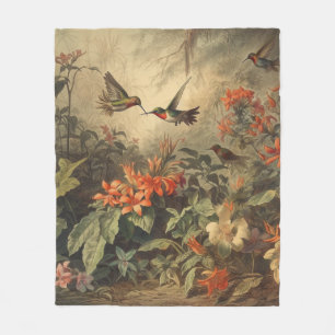 Vintage Hummingbirds and Vibrant Tropical Blooms Fleece Blanket