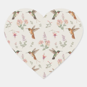 Vintage Hummingbirds and Wildflowers Botanical Pat Heart Sticker