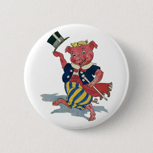 Vintage Humour, Cute Happy Dancing Pig Dances 6 Cm Round Badge