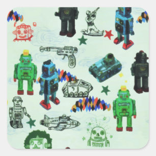 Vintage Humour Outer Space Robot Watercolor Square Sticker