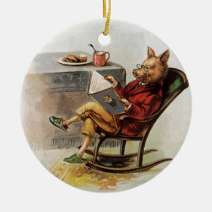 Vintage Humour, Pig in Rocking Chair Reading a Boo Ceramic Tree Decoration