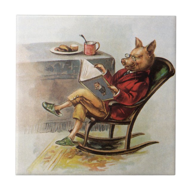 Vintage Humour, Pig in Rocking Chair Reading a Boo Tile (Front)
