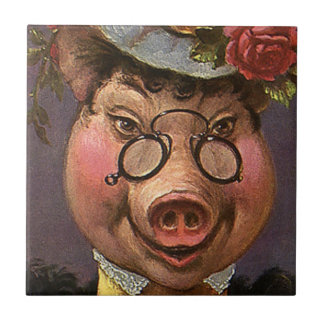 Vintage Humour, Silly and Funny Victorian Lady Pig Tile