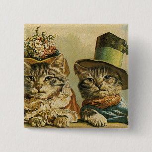 Vintage Humour, Victorian Bride Groom Cats in Hats 15 Cm Square Badge