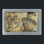 Vintage Humour, Victorian Bride Groom Cats in Hats Belt Buckle<br><div class="desc">Vintage illustration funny humour image featuring Victorian tabby cats wearing hats. A love and romance pet wedding design with a cat bride and groom. The bride is wearing an elegant floral flower hat and the groom cat is wearing a fancy formal top hat.</div>