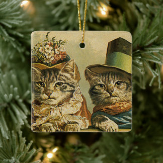 Vintage Humour, Victorian Bride Groom Cats in Hats Ceramic Ornament