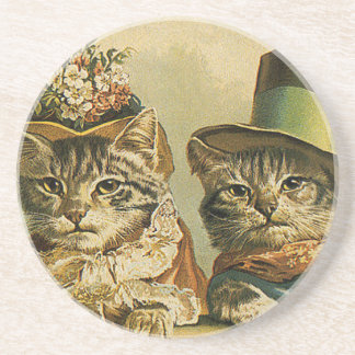 Vintage Humour, Victorian Bride Groom Cats in Hats Coaster