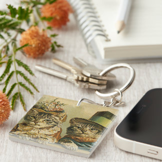 Vintage Humour, Victorian Bride Groom Cats in Hats Key Ring