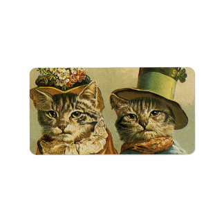 Vintage Humour, Victorian Bride Groom Cats in Hats Label