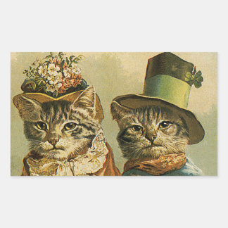 Vintage Humour, Victorian Bride Groom Cats in Hats Rectangular Sticker