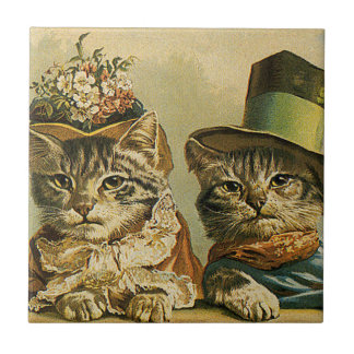 Vintage Humour, Victorian Bride Groom Cats in Hats Tile