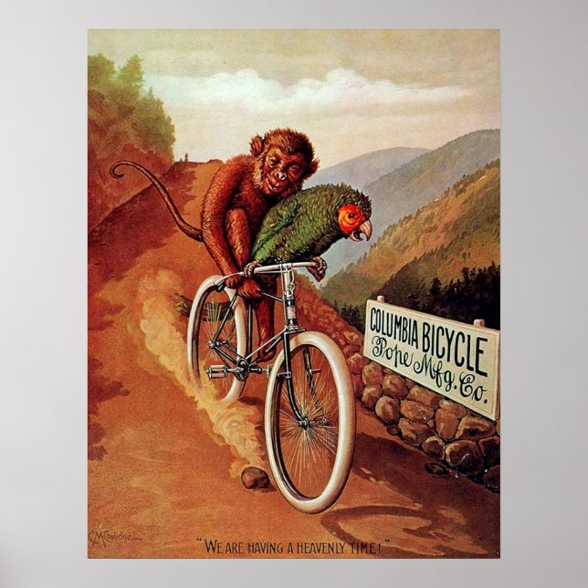 Vintage Humourous Monkey Parrot Bicycle Ride Poster (Front)