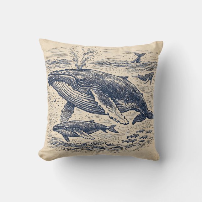 Vintage Humpback Whale Pod Engraving Cushion (Front)