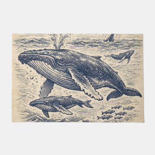 Vintage Humpback Whale Pod Engraving Doormat