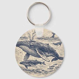 Vintage Humpback Whale Pod Engraving Key Ring