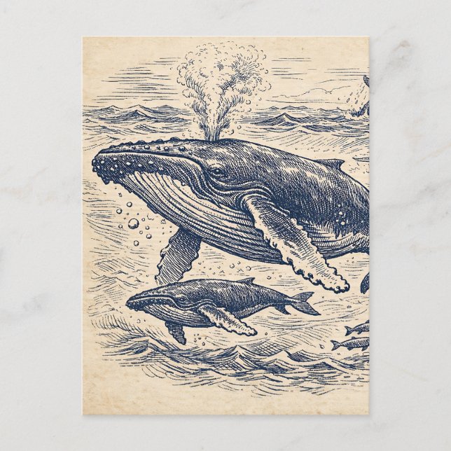 Vintage Humpback Whale Pod Engraving Postcard (Front)