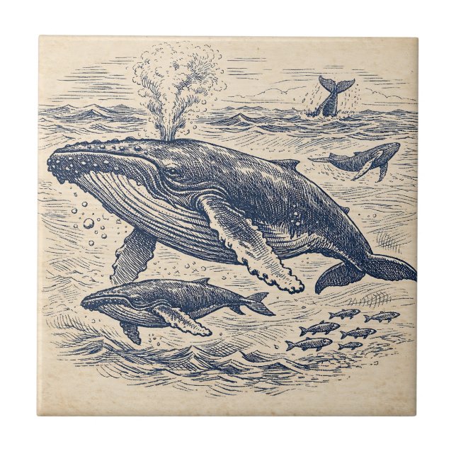 Vintage Humpback Whale Pod Engraving Tile (Front)