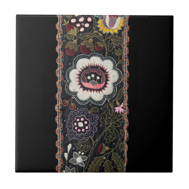 Vintage Hungarian Embroidery on Black Tile (Front)