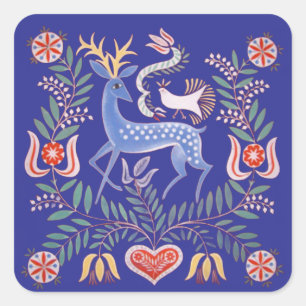 vintage Hungarian Folk Art Deer and Flowers Square Sticker