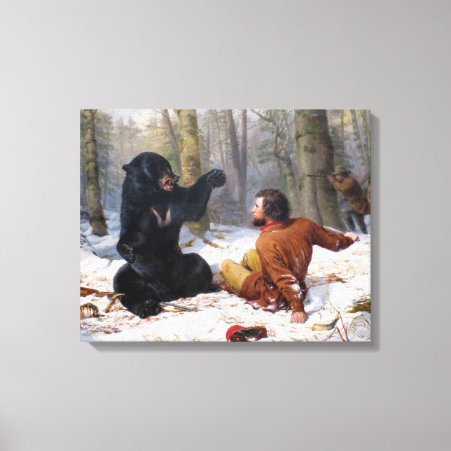 Vintage Hunter And Black Bear Encounter Canvas Print (Front)