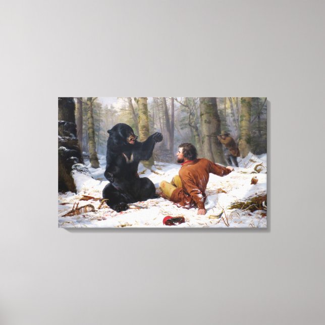 Vintage Hunter And Black Bear Encounter Canvas Print (Front)