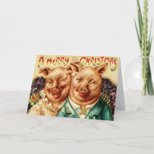Vintage Husband And Wife Pig Couple Merry Christma Holiday Card
