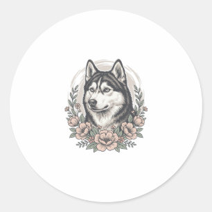 Vintage Husky Floral Portrait Shirt Design_1 Classic Round Sticker