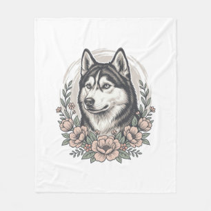 Vintage Husky Floral Portrait Shirt Design_1 Fleece Blanket