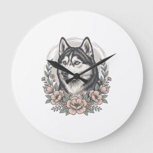 Vintage Husky Floral Portrait Shirt Design_1 Large Clock