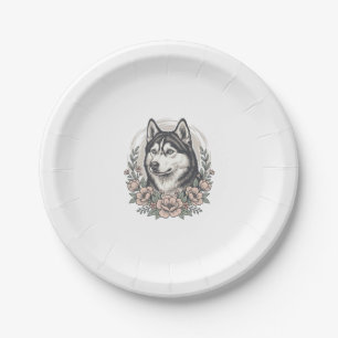 Vintage Husky Floral Portrait Shirt Design_1 Paper Plate