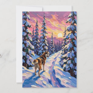 Vintage Husky on Snowy Christmas Forest Trail Holiday Card