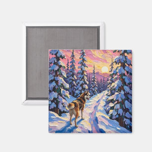 Vintage Husky on Snowy Christmas Forest Trail Magnet