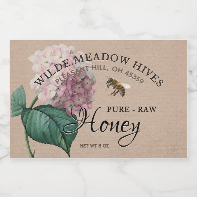 Vintage Hydrangea Flower & Bee Honey Label Kraft (Single Label)
