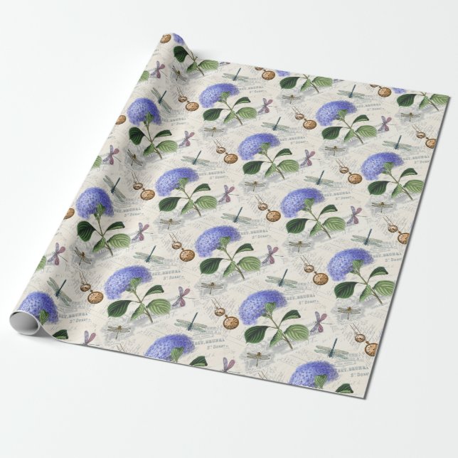 Vintage Hydrangea pattern Wrapping Paper (Unrolled)
