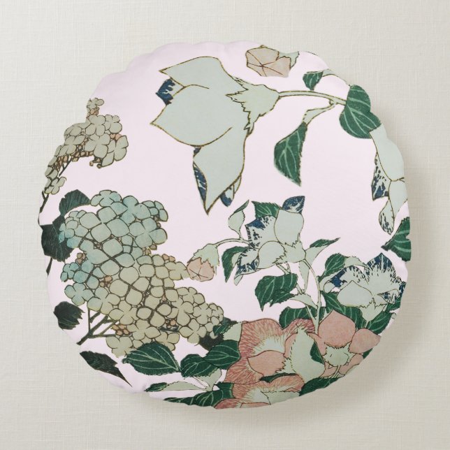 Vintage Hydrangea & Rustic Floral Round Pillow (Front)