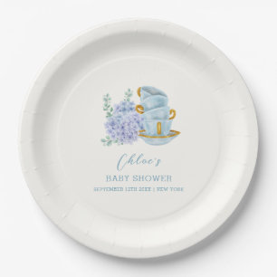 Vintage Hydrangea Tea Brewing Baby Shower Paper Plate