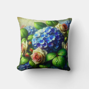 “Vintage Hydrangeas and Roses in Rain" Cushion