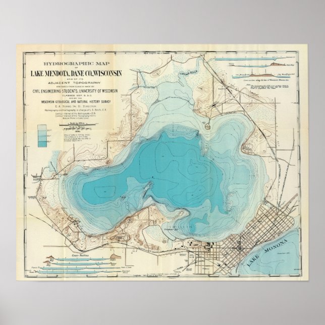 Vintage Hydrographic Map Lake Mendota Poster (Front)