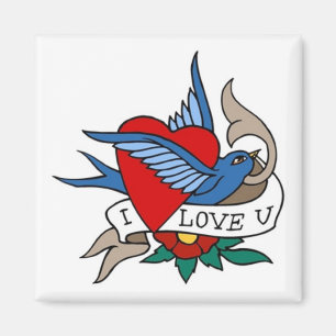 Vintage I Love U Bird, Heart Tattoo Art Magnet