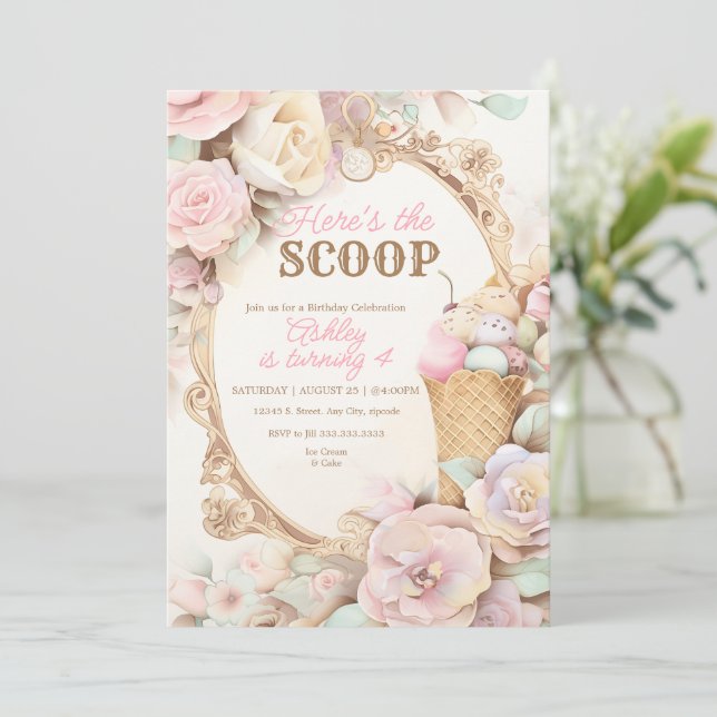 Vintage ice cream birthday, blush ice cream invitation (Standing Front)