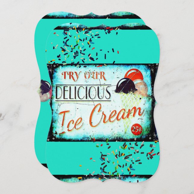 Vintage ice cream parlour sign turquoise invitation (Front/Back)