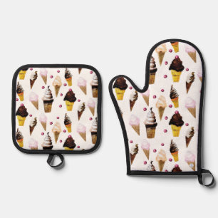 Vintage Ice Cream Parlour Watercolor Retro Pink  O Oven Mitt & Pot Holder Set